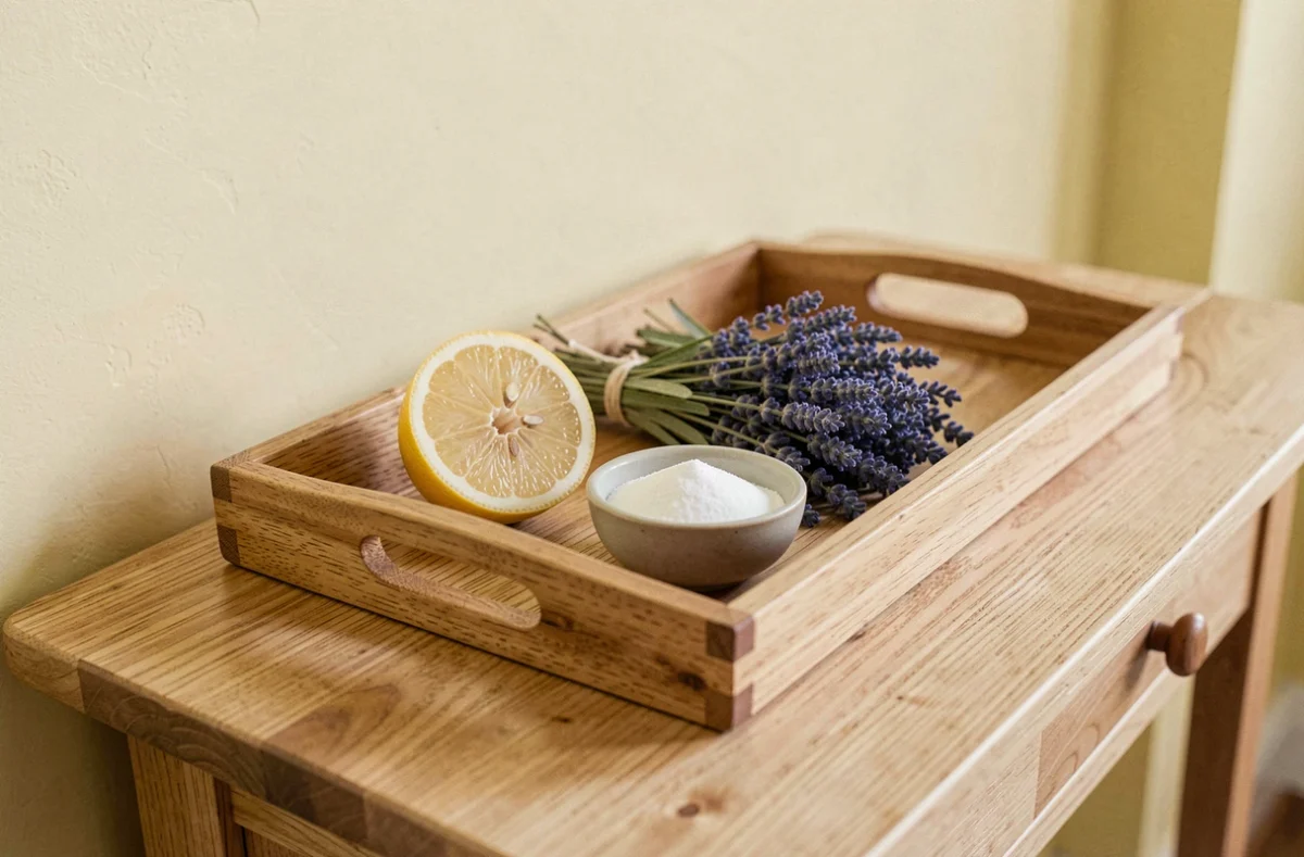 Plateau en bois avec citron coupé, bicarbonate de soude et lavande séchée posé sur une console dans un couloir peint pour chasser les odeurs de peinture