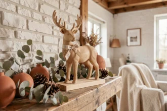 Renne en bois artisanal décoré sur une cheminée rustique pour Noël 2026, entouré d'eucalyptus séché et d'ornements en terre cuite