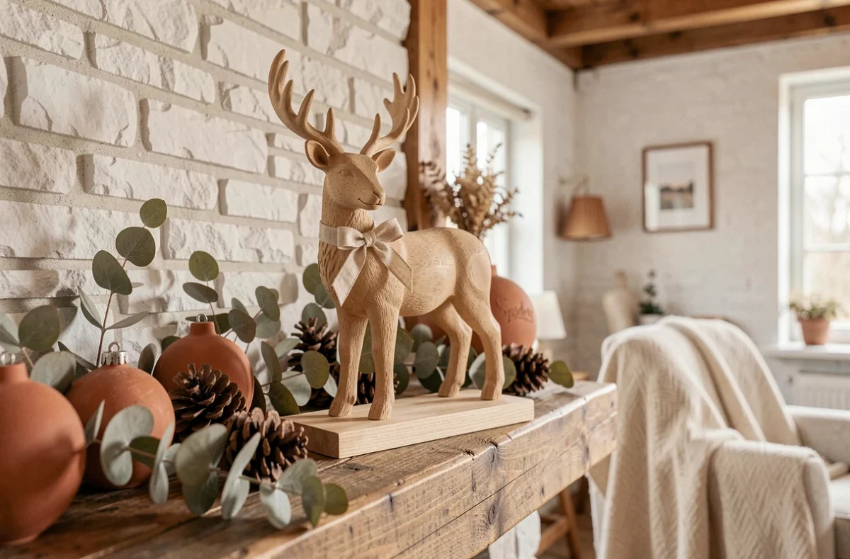 Renne en bois artisanal décoré sur une cheminée rustique pour Noël 2026, entouré d'eucalyptus séché et d'ornements en terre cuite