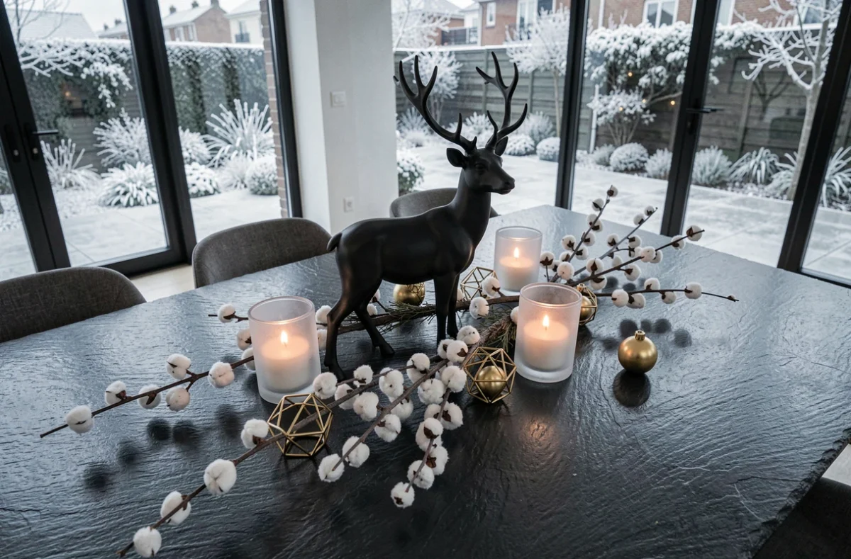 Centre de table de Noël 2026 avec renne sculpture minimaliste noir mat, bougeoirs en verre givré et ornements dorés sur table en ardoise