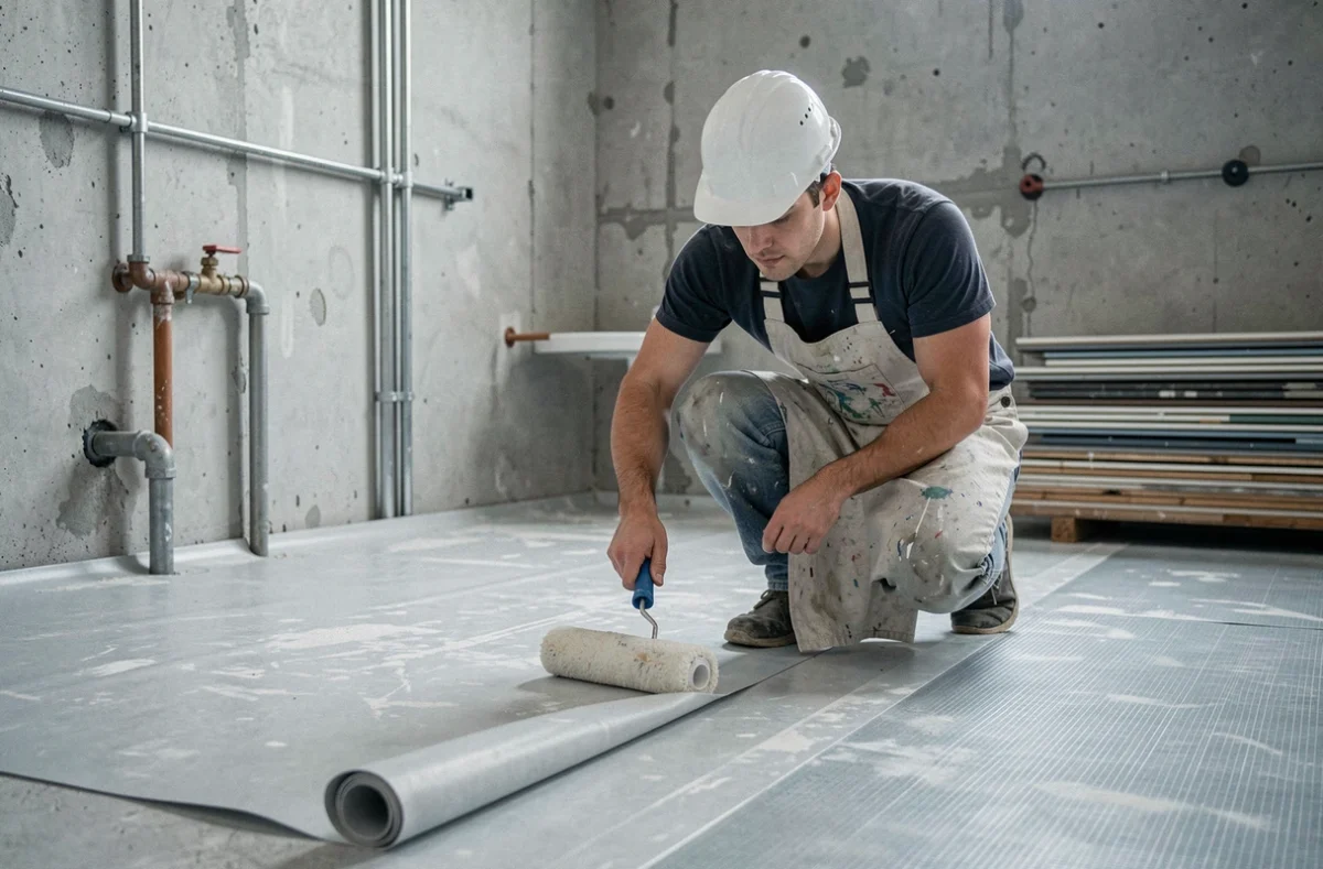 Ouvrier de Reno Pop appliquant une membrane d'étanchéité sur le sol d'une salle de bain en cours de rénovation