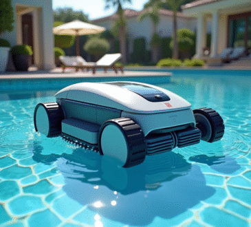 Robot de nettoyage de piscine en action dans une eau bleue brillante