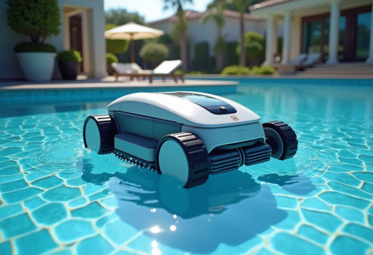 Robot de nettoyage de piscine en action dans une eau bleue brillante