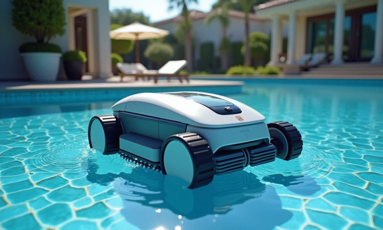 Robot de nettoyage de piscine en action dans une eau bleue brillante