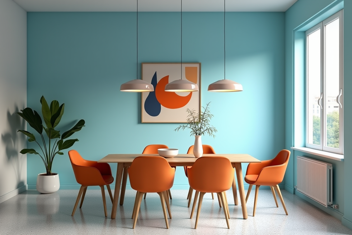 Espace repas contemporain avec murs pastel et mobilier moderne