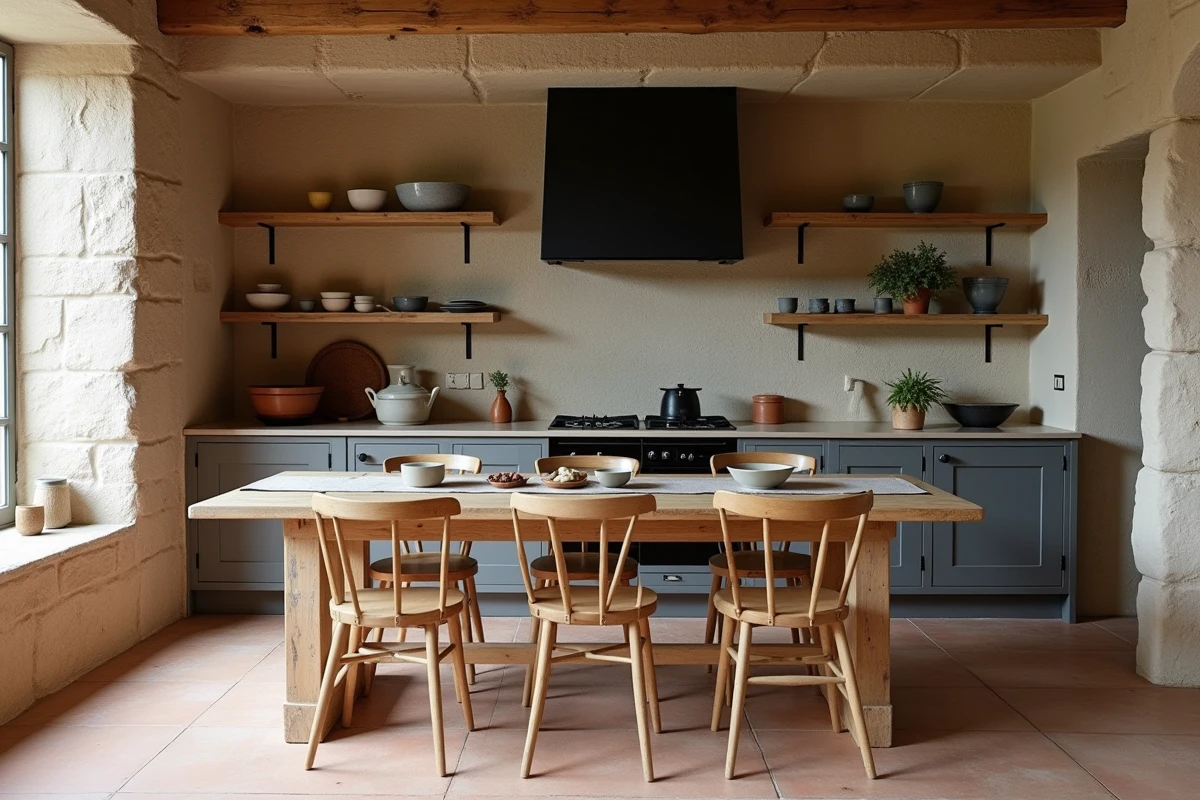 Salle à manger de ferme rénovée avec mur en pierre de moellon apparent, table en bois brut et carrelage en terre cuite
