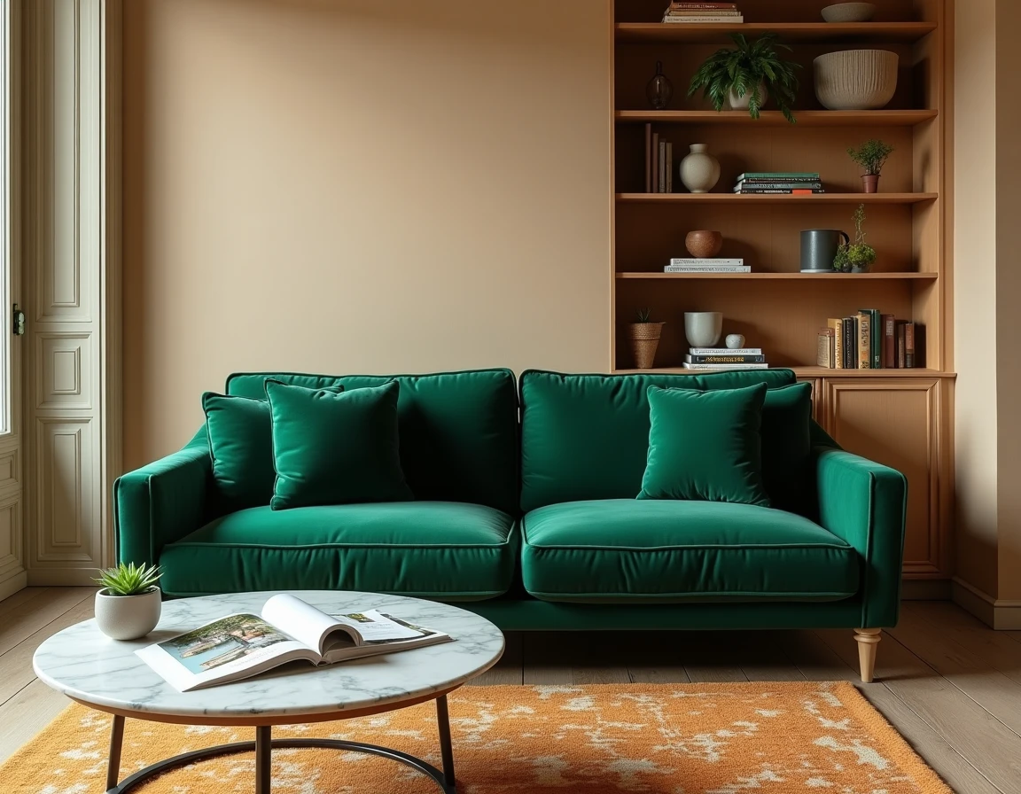 Salon cosy réaménagé avec canapé en velours vert, tapis en laine et étagères en bois dans un appartement français
