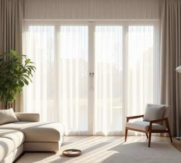 Salon moderne avec grande fenêtre et rideaux blancs lumineux