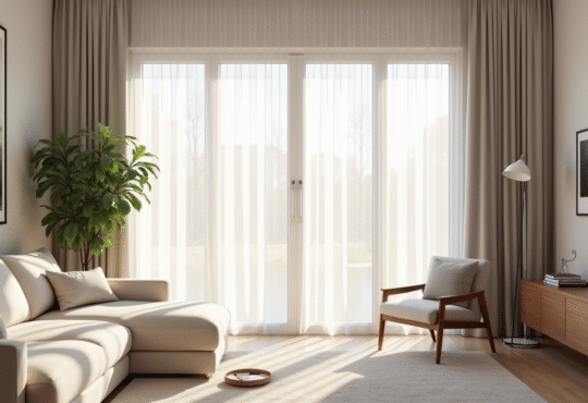 Salon moderne avec grande fenêtre et rideaux blancs lumineux