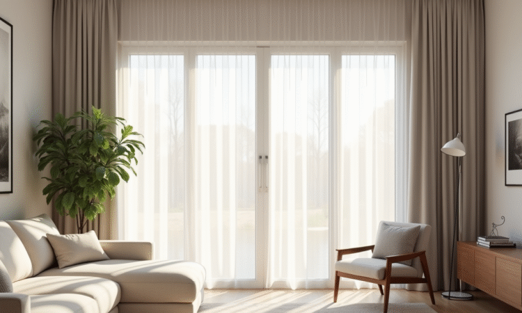 Salon moderne avec grande fenêtre et rideaux blancs lumineux