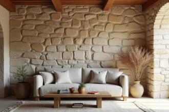Salon rustique avec mur en moellon apparente, canapé en lin et table en chêne pour une décoration intérieure chaleureuse