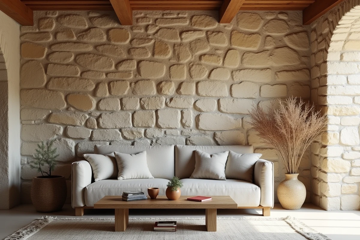 Salon rustique avec mur en moellon apparente, canapé en lin et table en chêne pour une décoration intérieure chaleureuse