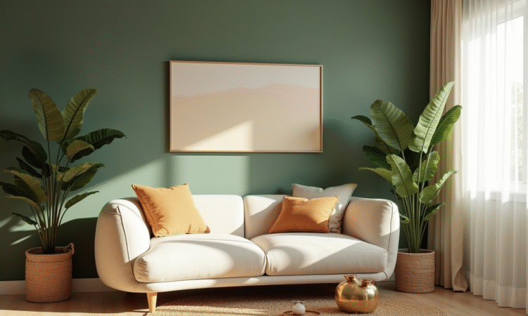 Salon moderne aux tons naturels et textures organiques
