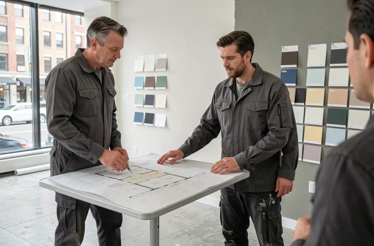 Professionnel Sarl AB Deco consultant un plan de rénovation devant un mur peint dans un appartement contemporain