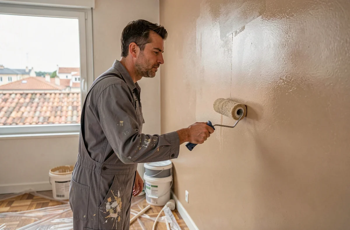 Peintre intérieur Sarl Barthelemy appliquant de la peinture beige dans un appartement à Pau