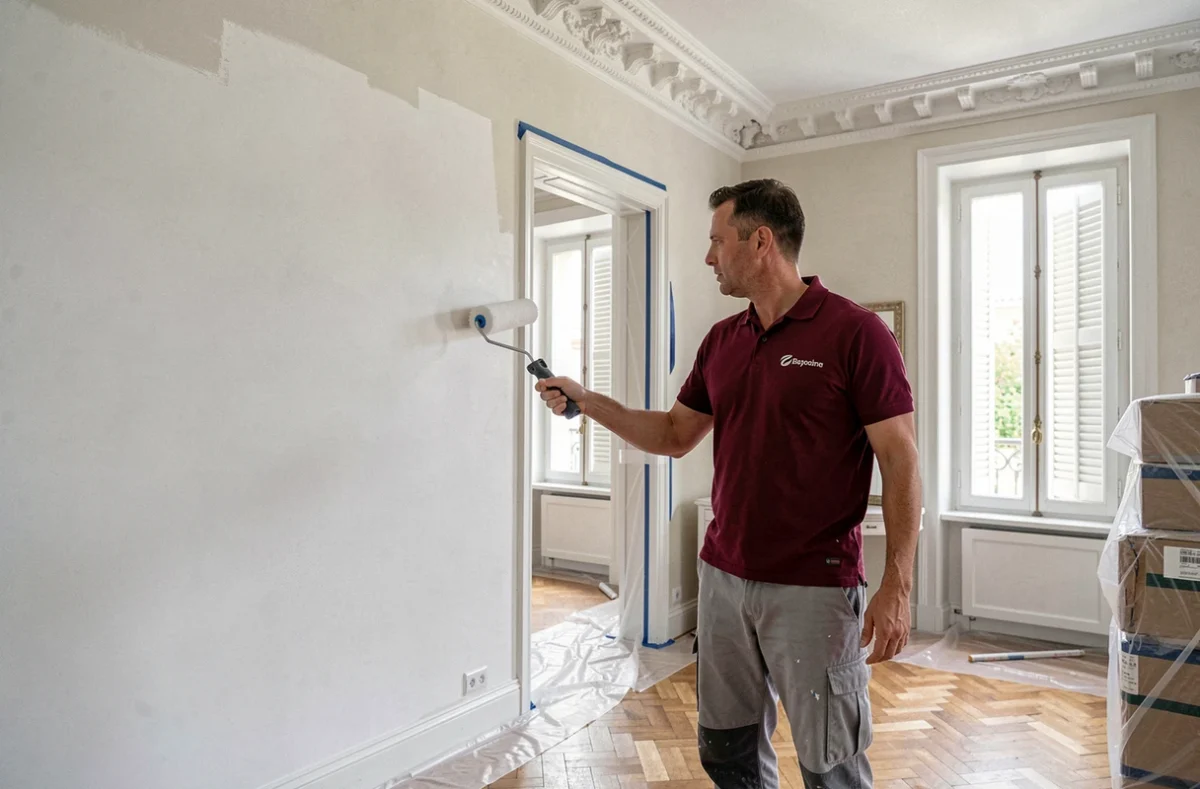 Peintre Sarl Iriarte appliquant une couche blanche sur les murs d'un appartement rénové à Bayonne