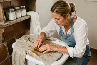 Femme appliquant du savon fiel de bœuf sur une tache de linge blanc dans une buanderie rustique