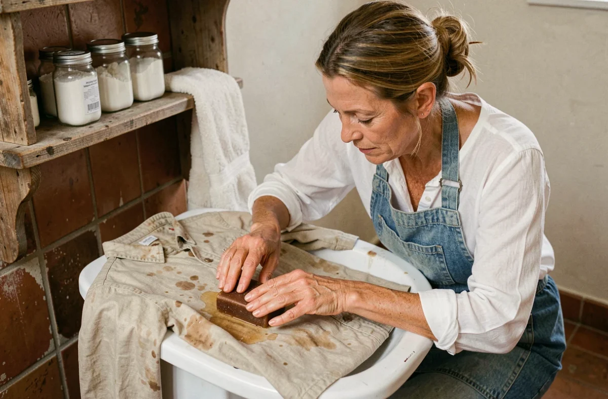 Femme appliquant du savon fiel de bœuf sur une tache de linge blanc dans une buanderie rustique
