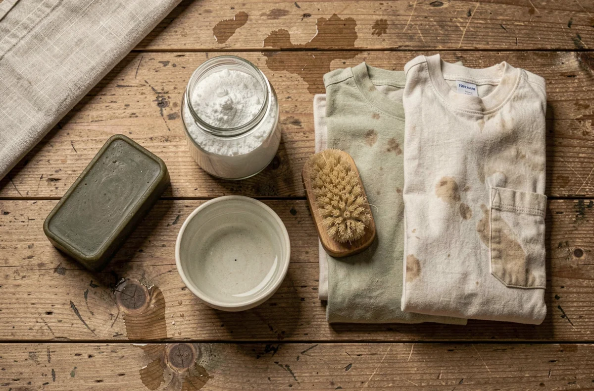Plat posé montrant savon fiel de bœuf, lessive en poudre et brosse pour traiter les taches de linge