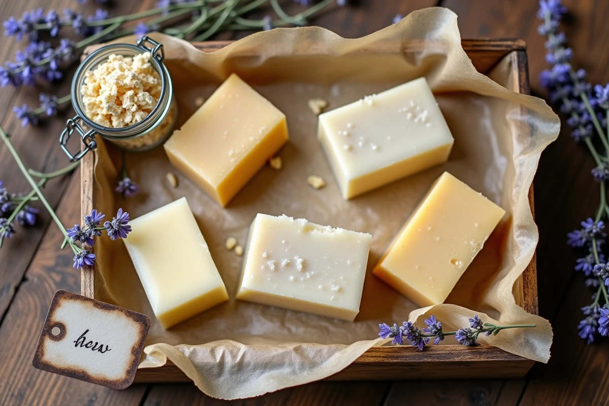 Savons artisanaux refondus et remoulés refroidissant sur un plateau en bois avec lavande séchée, résultat final de la technique de refonte du savon
