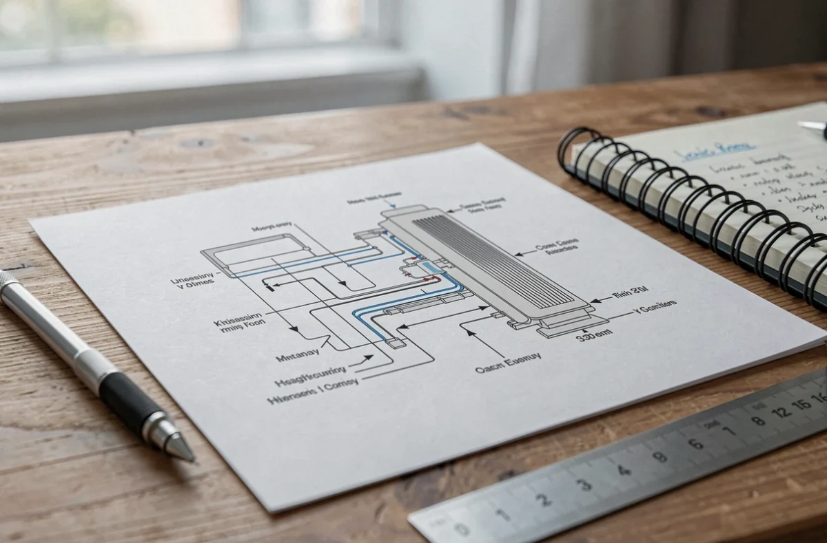 Schéma technique détaillé d'une pompe à chaleur posé sur un bureau avec annotations manuscrites