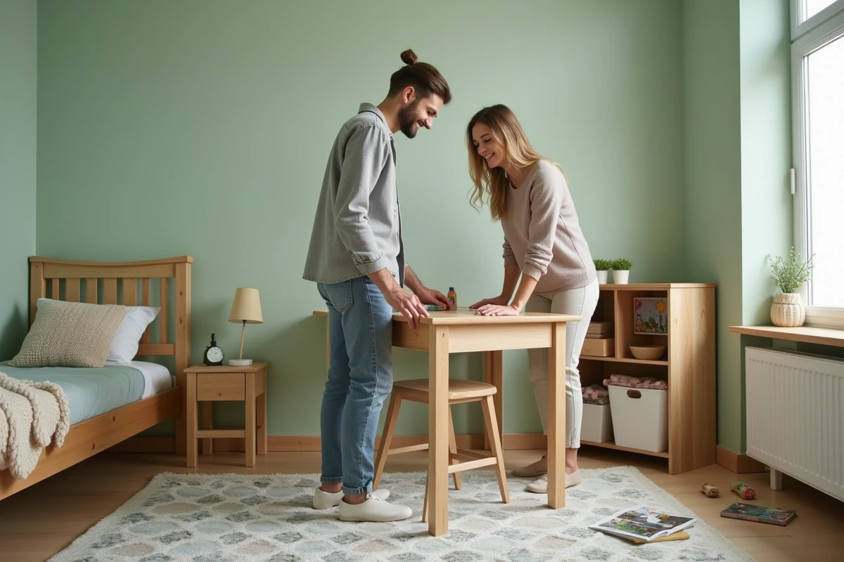 Couple installant des protections de sécurité sur les meubles dans une chambre d'enfant décorée en vert sauge