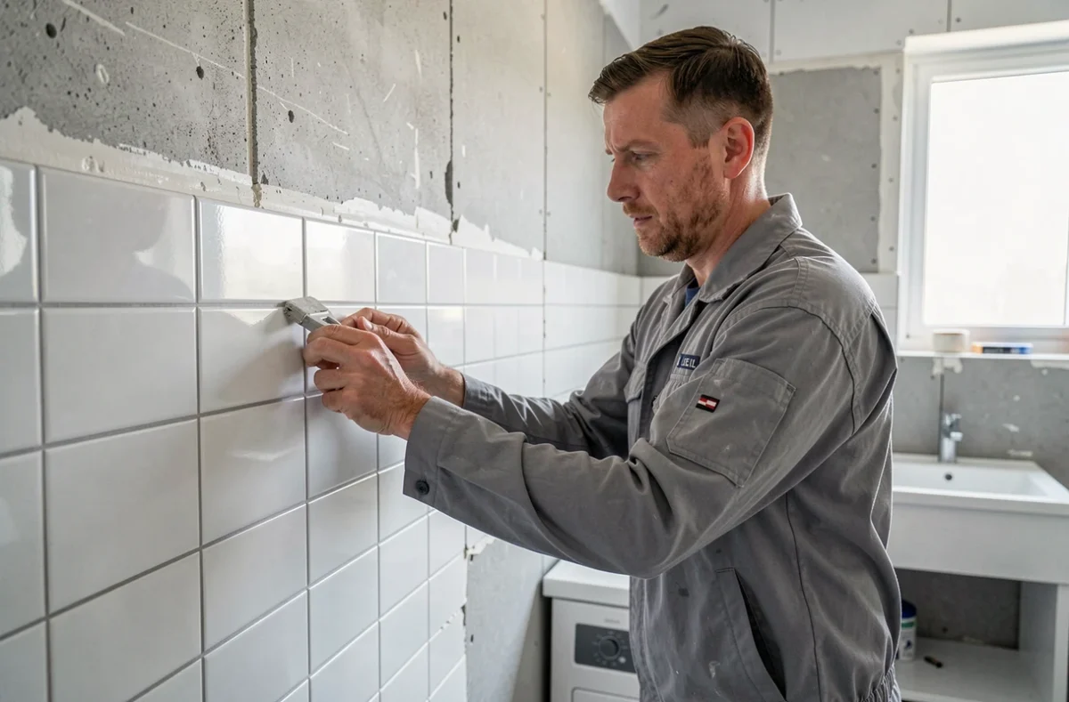 Installateur de SG Rénovation posant des carreaux en céramique blanche dans une salle de bain en cours de rénovation