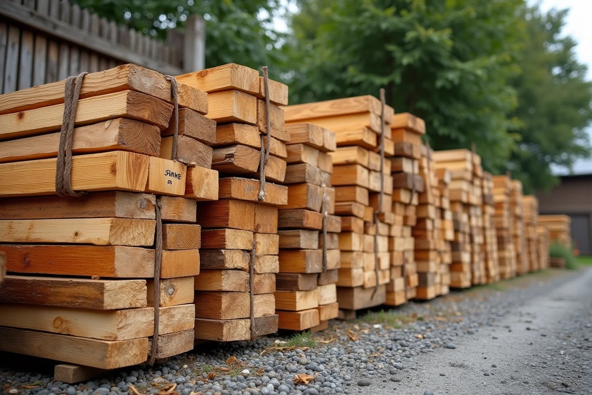 Stock de bastaings et madriers en différentes essences de bois dans un entrepôt de matériaux de construction