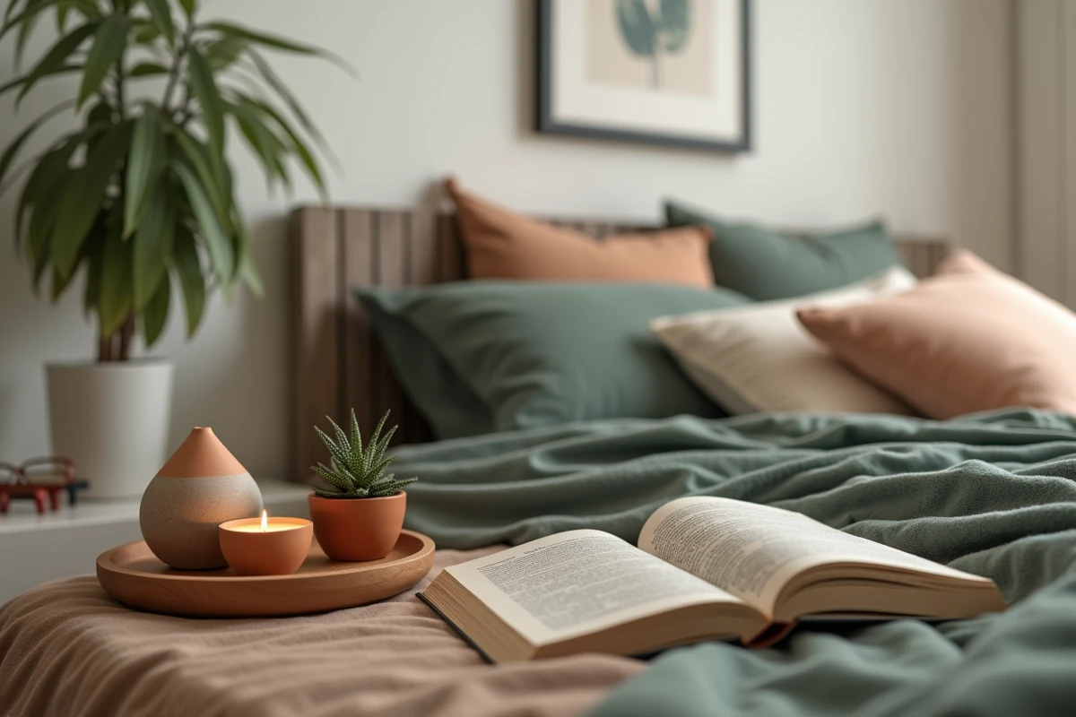 Table de chevet stylisée dans une chambre parentale de location avec bougies, plantes et textiles chaleureux