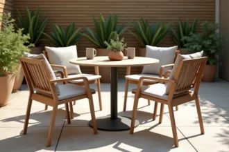 Table en résine ronde avec chaises empilables sur une terrasse en pierre entourée de plantes méditerranéennes