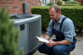 Technicien HVAC vérifiant une pompe à chaleur extérieure