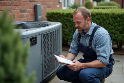 Technicien HVAC vérifiant une pompe à chaleur extérieure