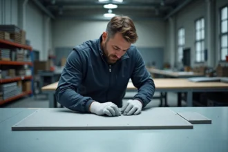 Technicien appliquant fibrecouture sur un panneau composite