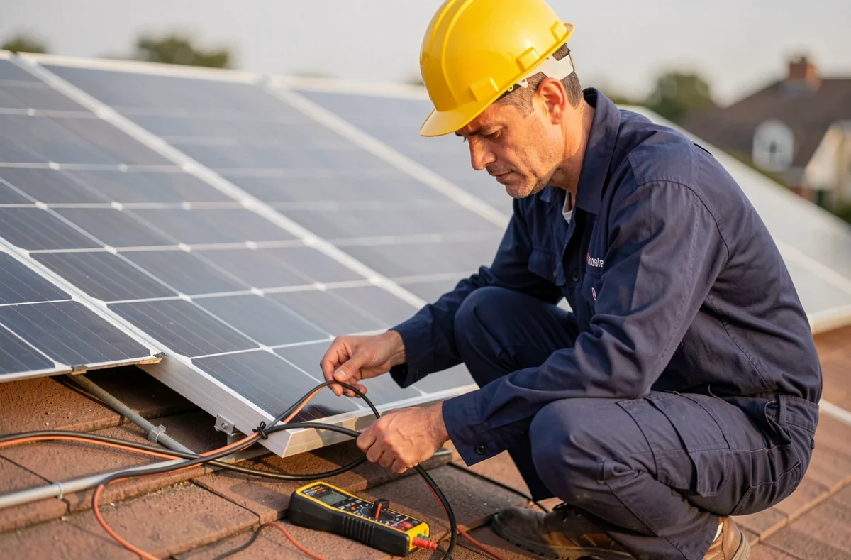 Technicien installant un kit solaire 3000W en autoconsommation sur une toiture résidentielle