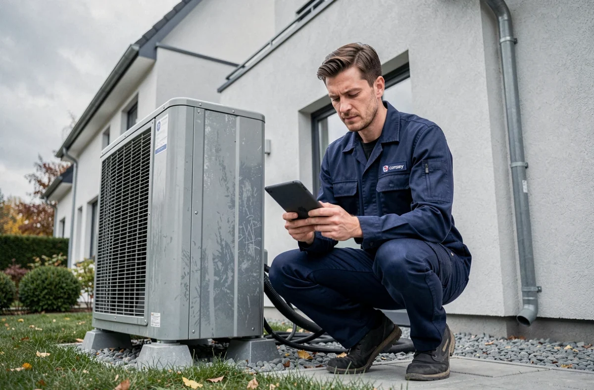 Technicien installateur inspecte une pompe à chaleur air-air extérieure sur une maison individuelle