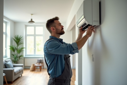 Technicien homme examine une pompe à chaleur moderne dans une maison lumineuse
