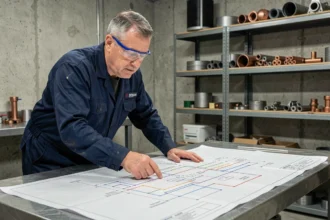 Technicien HVAC étudiant le schéma d'une pompe à chaleur sur un établi en atelier professionnel