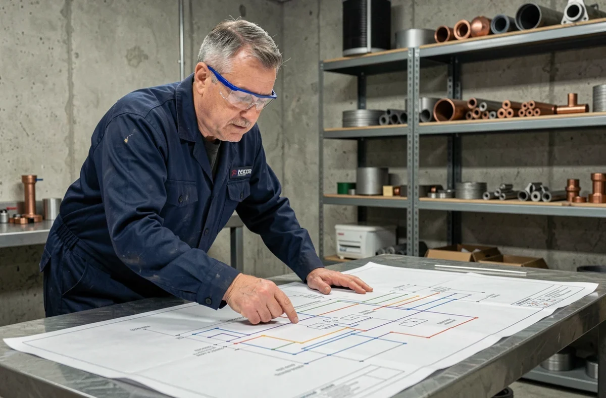 Technicien HVAC étudiant le schéma d'une pompe à chaleur sur un établi en atelier professionnel
