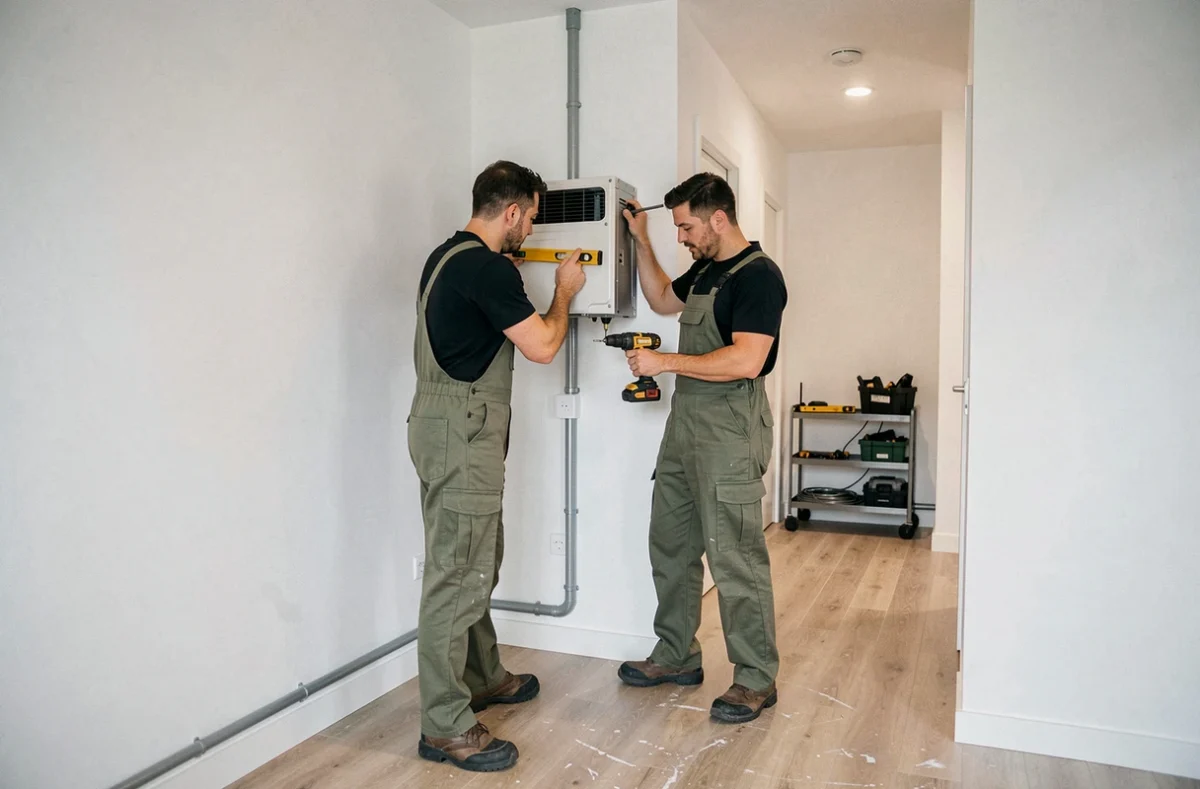 Deux techniciens installant l'unité intérieure d'une pompe à chaleur monophasée dans un couloir d'appartement