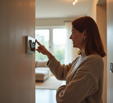 Femme ajustant un thermostat dans une maison moderne