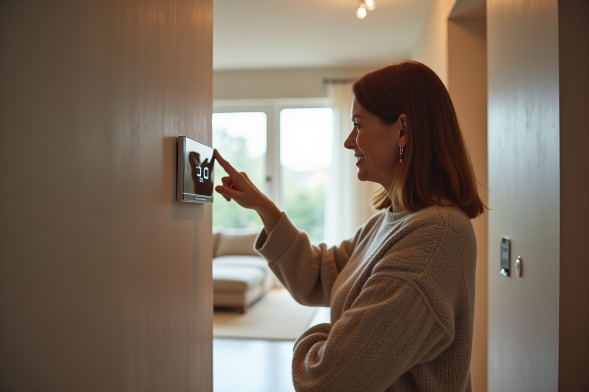 Femme ajustant un thermostat dans une maison moderne
