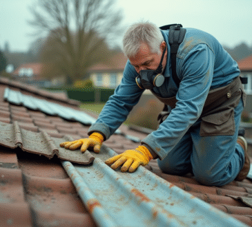 Ouvrier en protection retire des plaques d'ardoise amiantée