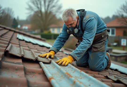 Ouvrier en protection retire des plaques d'ardoise amiantée