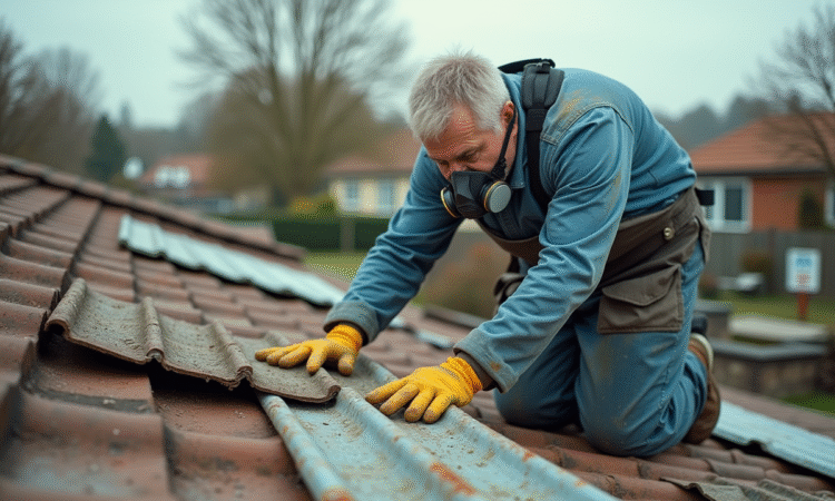 Ouvrier en protection retire des plaques d'ardoise amiantée