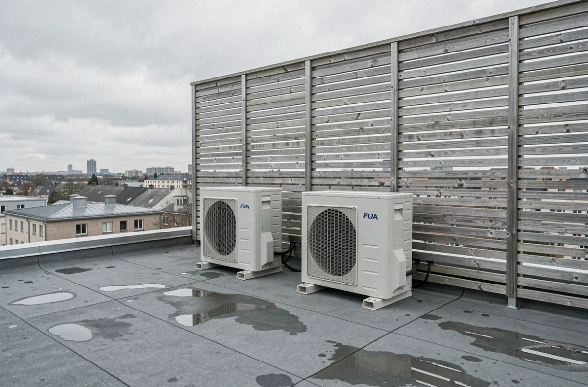 Deux unités extérieures de pompe à chaleur sur toiture-terrasse d'immeuble urbain avec claustra bois et horizon de toits en arrière-plan