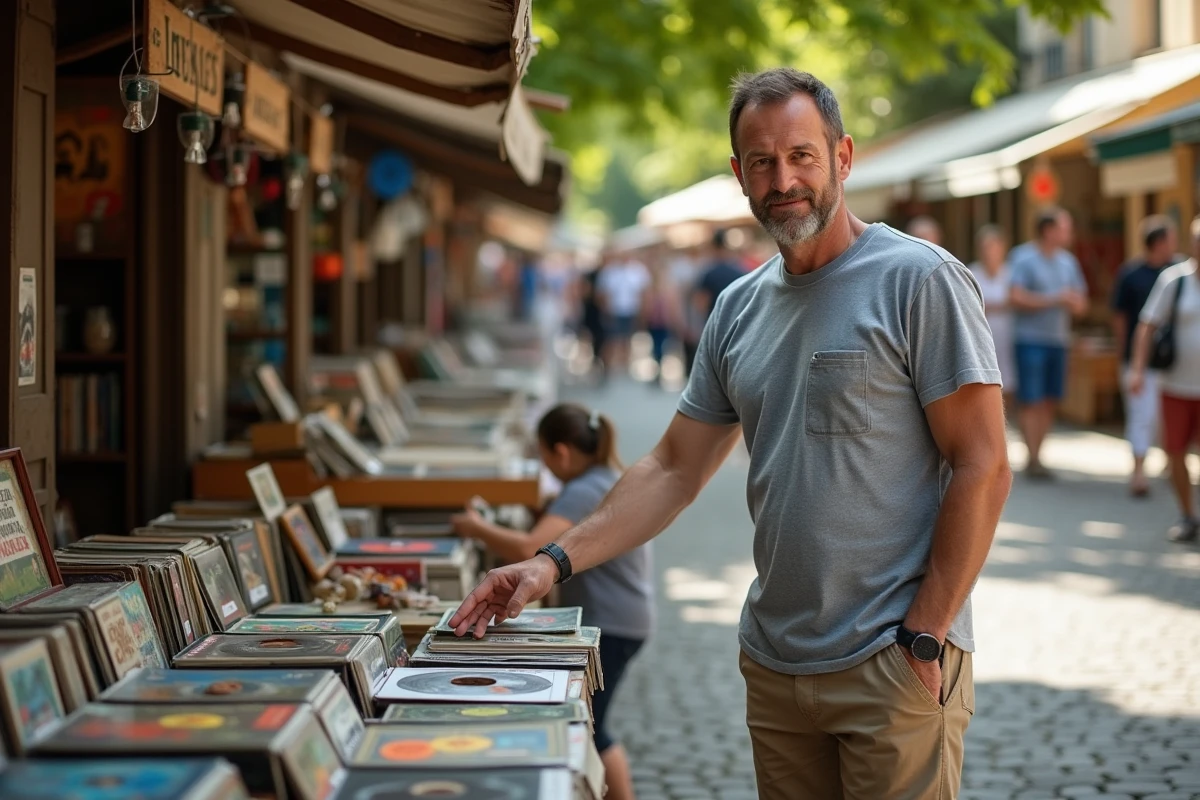Vendeur organisant des vinyles et objets rétro sur un stand de vide-grenier en Loire-Atlantique