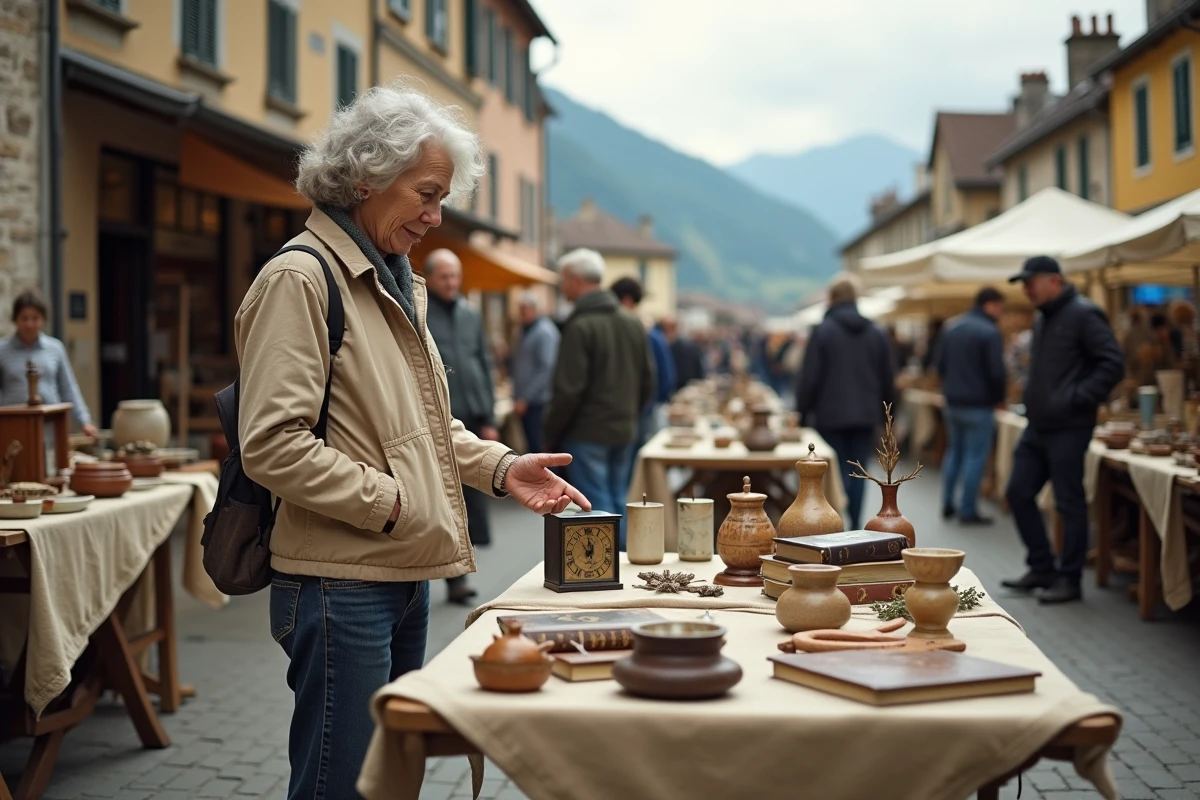 Femme examinant une pendule ancienne sur un stand de vide-grenier en plein air à Annecy, avec des montagnes alpines en arrière-plan