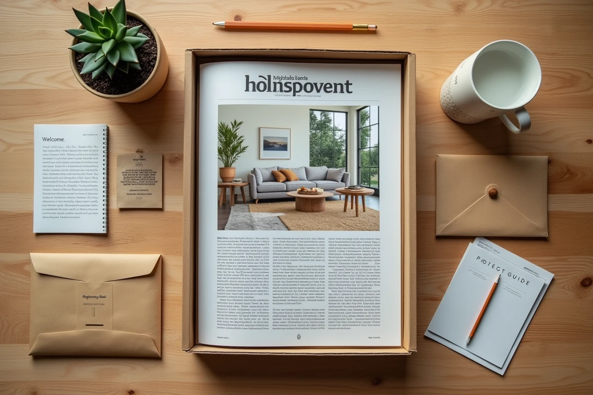 Vue de dessus du contenu d'un abonnement au magazine bricolage Bricolife avec revue et accessoires