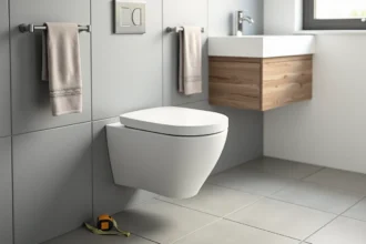 WC suspendu blanc dans une petite salle de bains étroite avec carrelage gris et meuble vasque flottant