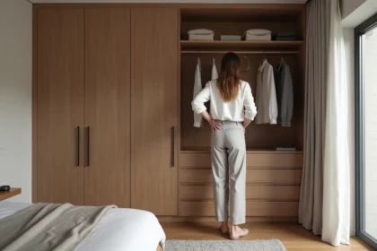 Femme élégante choisissant une tenue dans un dressing moderne